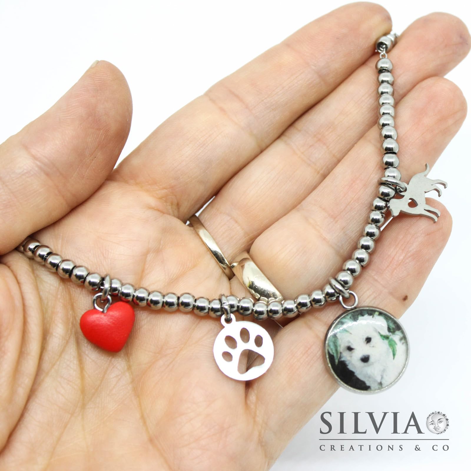 Generico Bracciale palline acciaio personalizzato con fotografia cane o gatto o coniglio