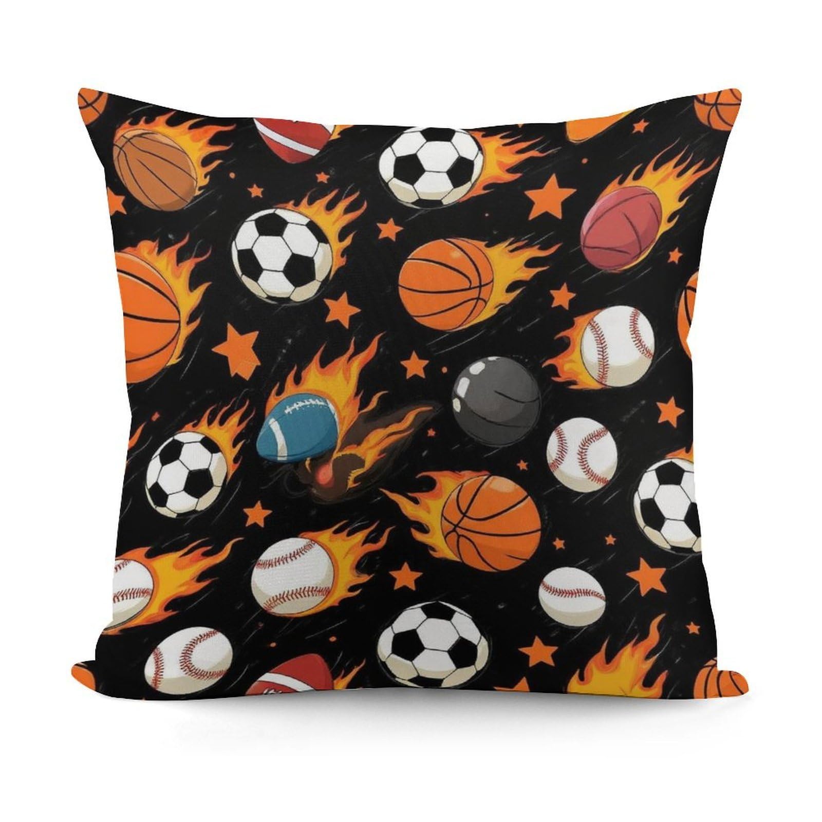 Smazdfxx Picture(467) Decorative Soft Fire Ball Soccer Basketball Baseball Football Sport Plush Pattern Couch Pillow Covers With Zipper For Sofa, Bed, Living Room