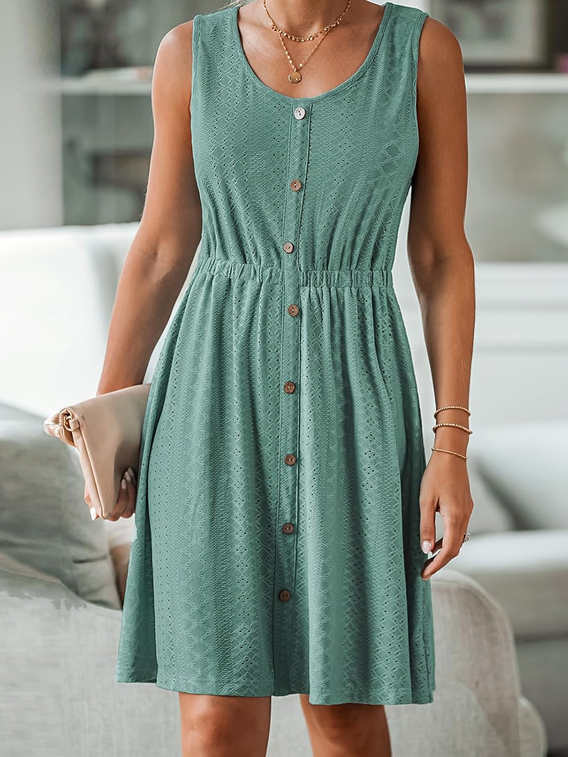 CUPSHE Women's Hollow Out Mini Dress Cover Up Ribbed Knit Scoop Neck Sleeveless Beach Spring Summer Dresses - Image 3