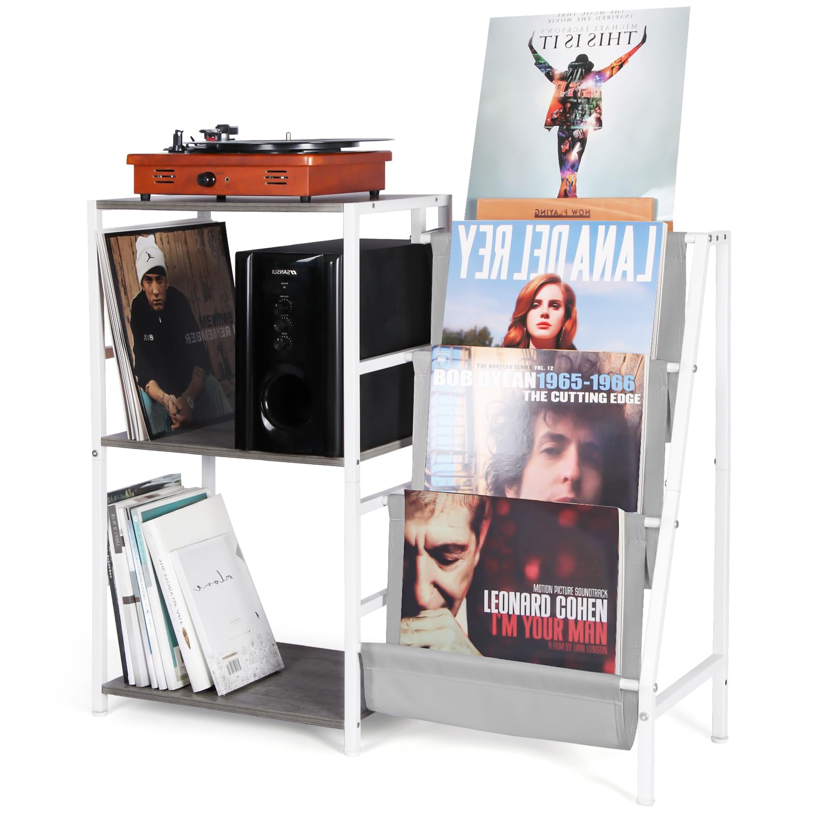 Record Player Stand, 3-Tier Vinyl Record Storage, Turntable Stand with Now Playing Holder, Vinyl Display for Living Room, Grey & White