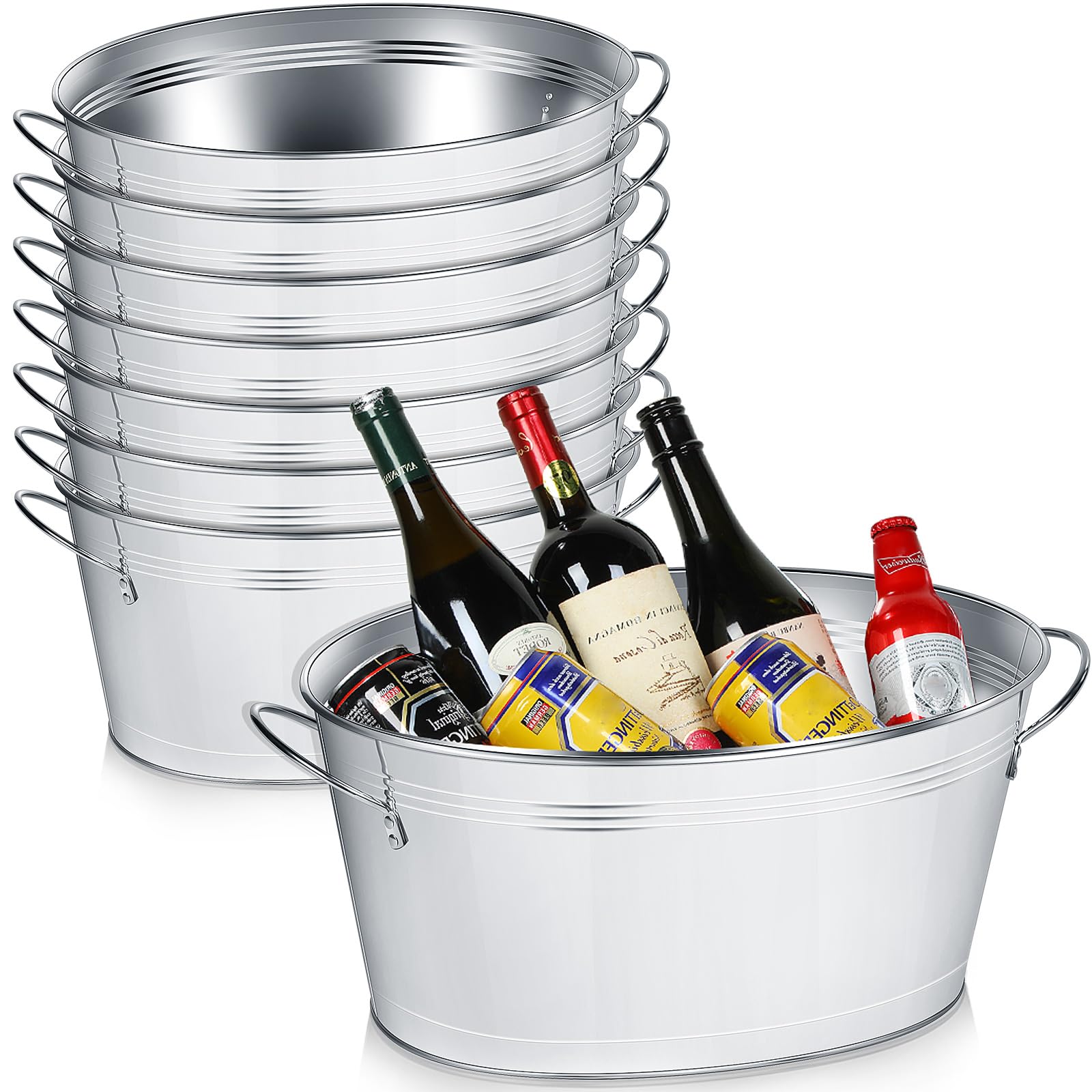 Gerrii Beverage Tub 24L 6.5 Gallon Ice Buckets Beverage Galvanized Bucket Party Drinking Bucket with Handles Large Ice Drinking Bucket for Party Wedding Bar Wine Beer Champagne Bottle Cooler (8 Pcs)