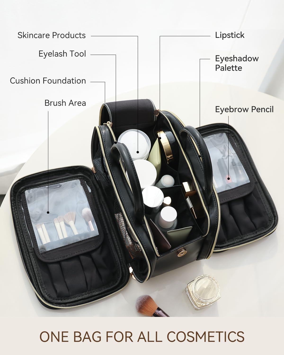 Prite Makeup Bag for Women, Large Capacity Waterproof Travel Cosmetic Organizer, Portable Open Flat Toiletry Bag with Free-standing Brush Holder and Handle(Black Medium) - Image 3