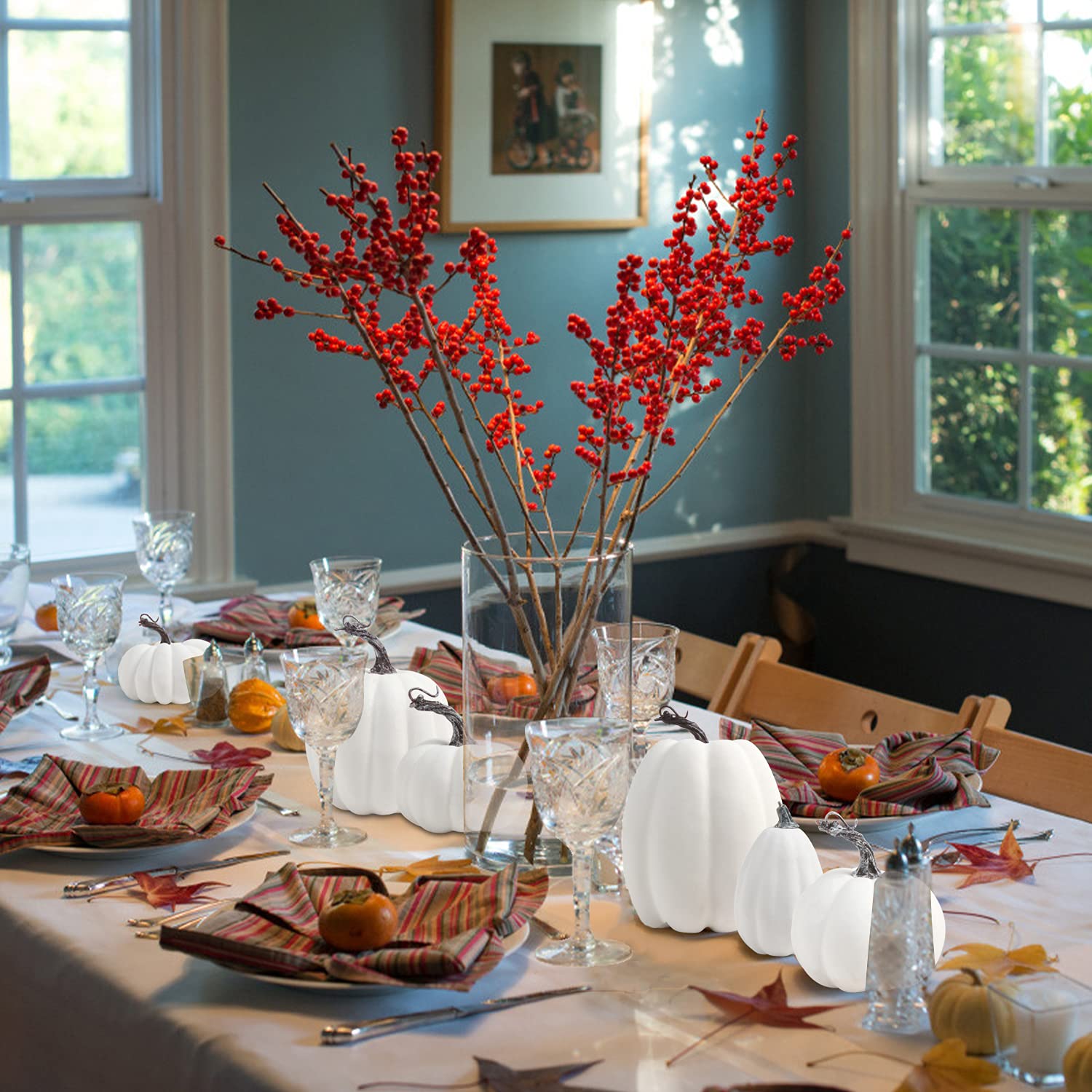 DERAYEE Fall Artificial Pumpkins, White Fake Pumpkins Thanksgiving Decoration Autumn Large Gourds for Halloween Harvest Décor