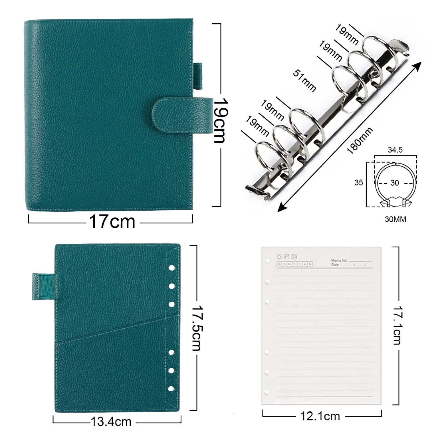 Moterm Personal-Wide Luxe Ringe Planer - Echtes Leder Binder Organizer (30mm Ring, Kiesel-Tiefes teal)