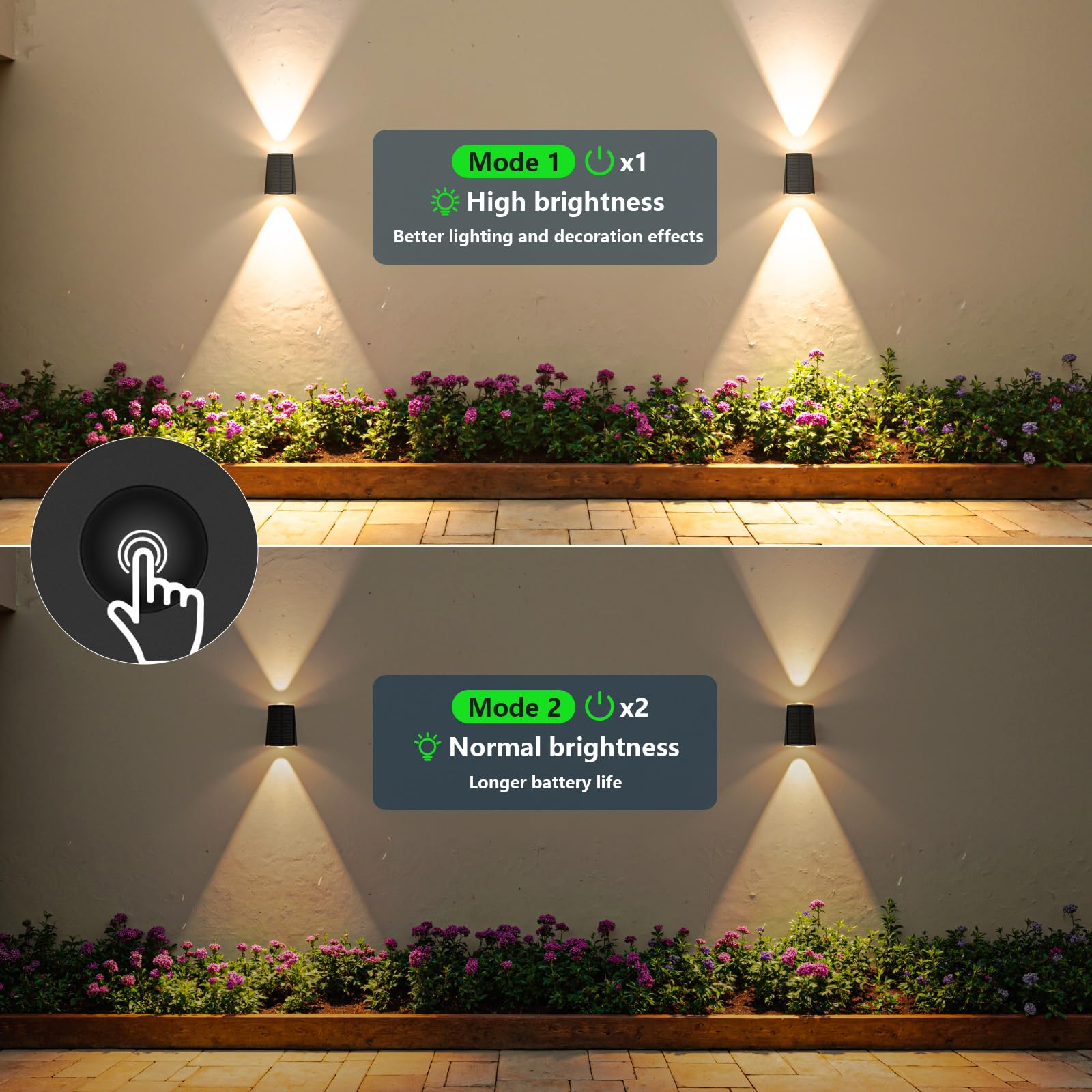 Solar-Außenwandleuchten nach oben und unten, IP65 wasserdichte LED-Außen-Sicherheits- und Dekorationsbeleuchtung für Haus, Garage, Terrasse, Hof, Garten, Veranda (Warmweiß), 6 Stück
