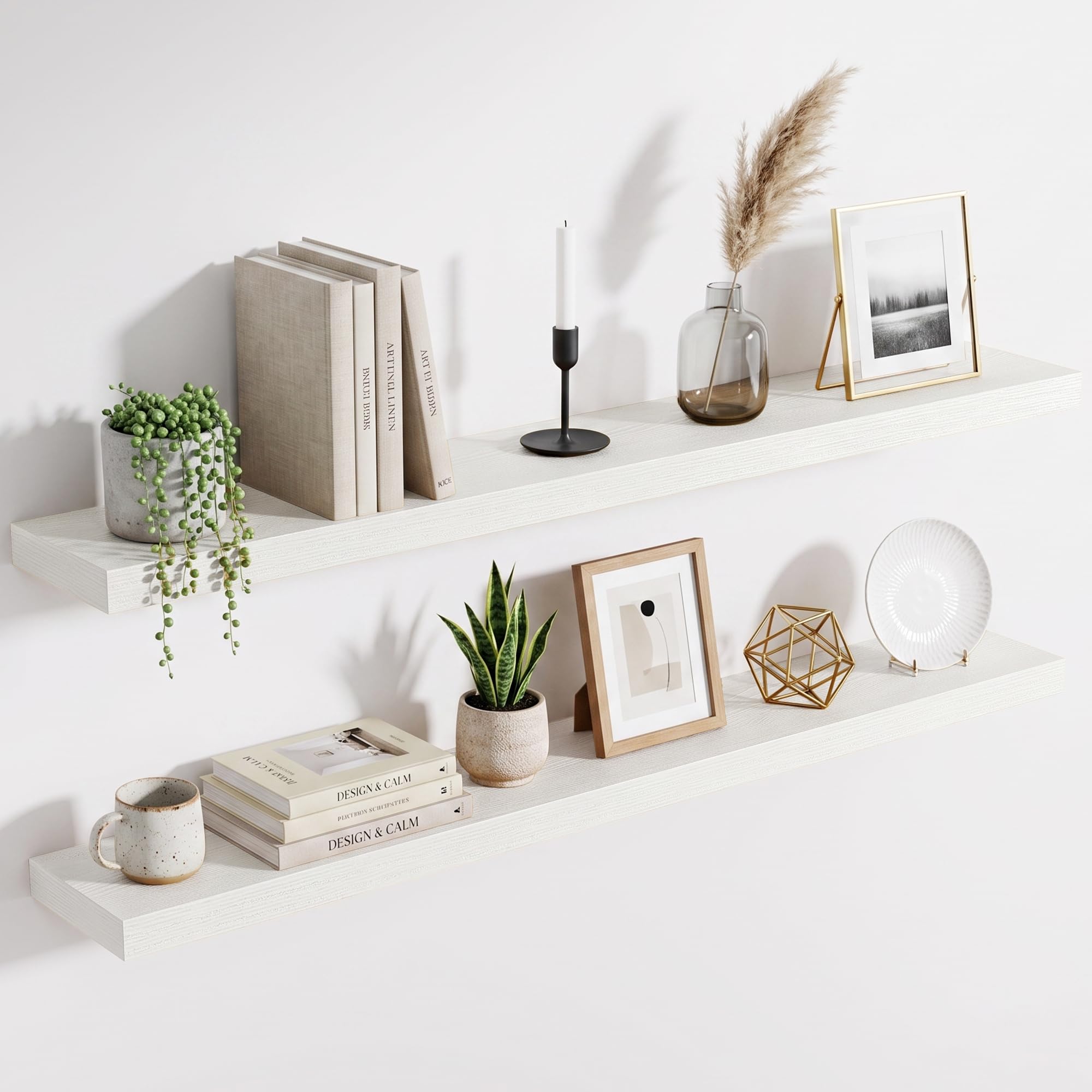 Acovy Floating Shelves for Wall, Extra Thick 120cm Long Wooden Wall Mounted Shelf, Wall Shelves for Living Room Bathroom Bedroom Kitchen, White, Set of 2