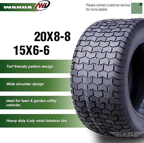 Miniatura 3 de WANDA Juego de 4 neumáticos de césped de 15X6-6 y 20X8-8 para cortacésped, carrito de césped, 4 capas, 1311413131