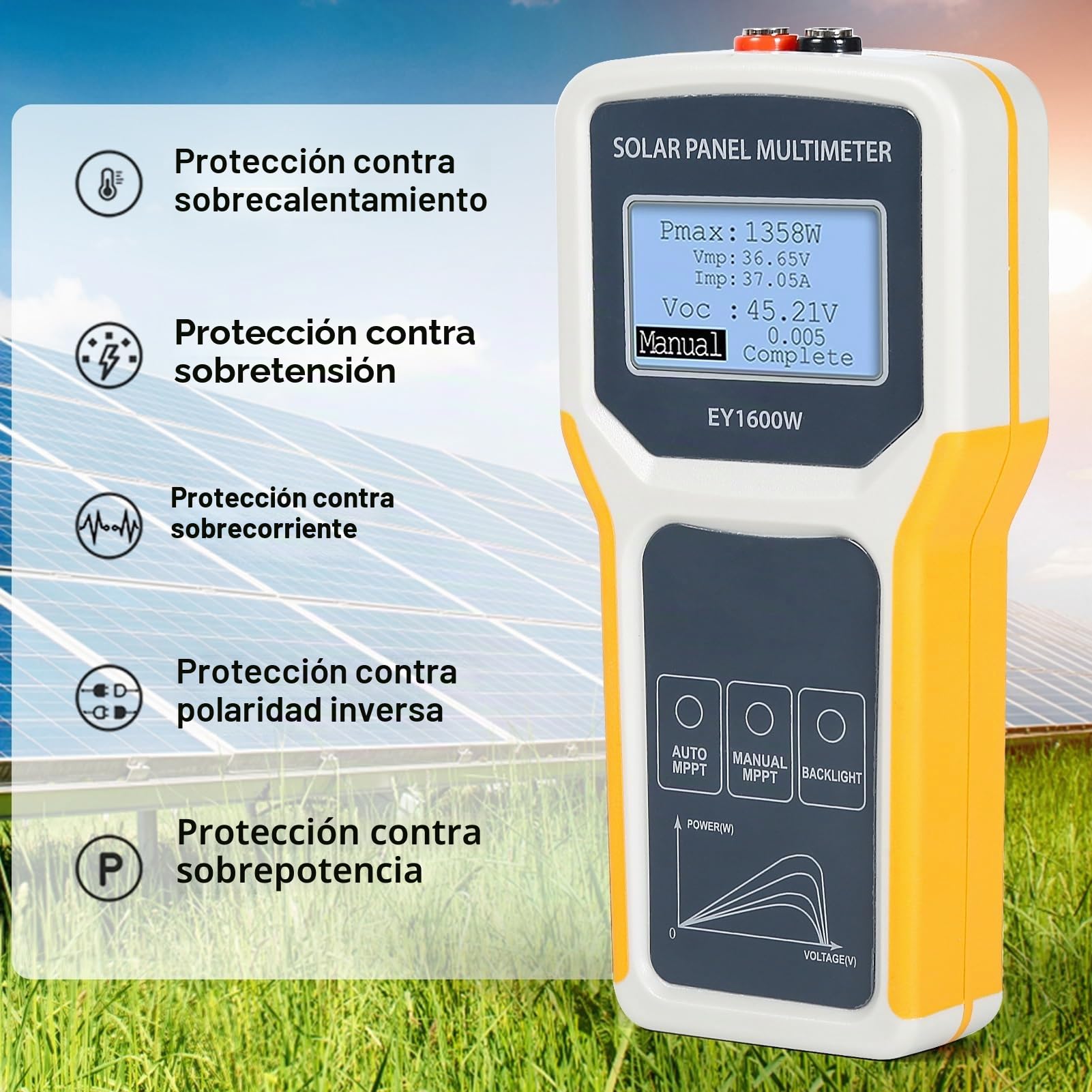 Jadeshay Multímetro Fotovoltaico Panel 5W-1600W DC12V-60V Multímetro de Panel Solar MPPT Probador de Medidor de Potencia Herramienta Detector de Voltaje de Circuito para Pruebas Solares