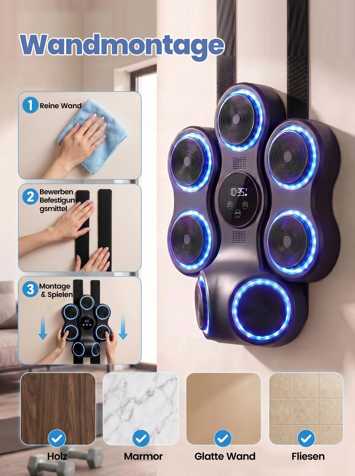 Hook Punch Music Boxing Machine mit Boxhandschuhe für Erwachsene | Wandmontage Musikboxing Maschine mit LED-Lichtern, Bluetooth, 9 Geschwindigkeitsmodi für Heimfitness
