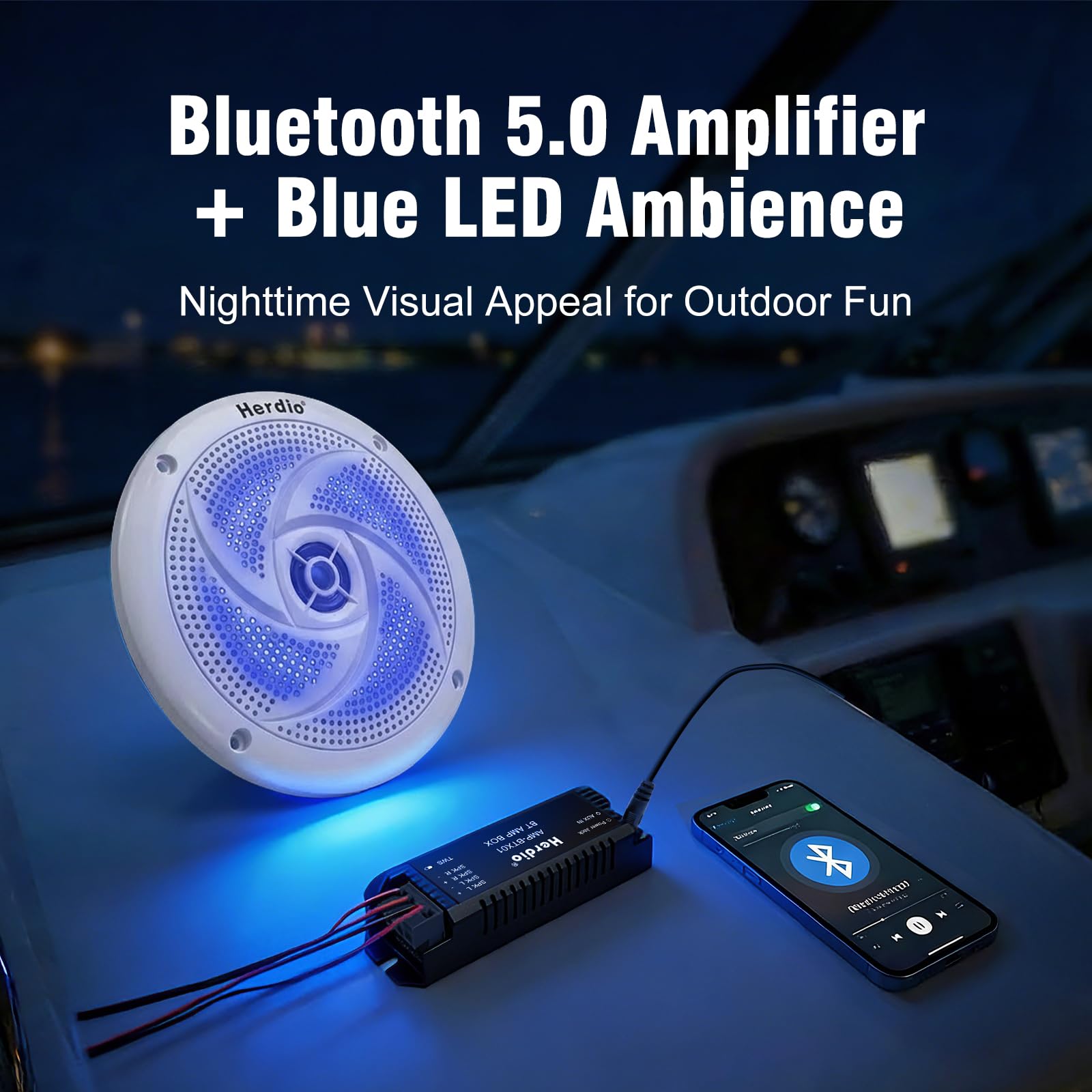 Herdio 5.25 Inch Bluetooth Marine Speakers, Low Profile Slim Design with LED Lights,160W 2-Way Weather Resistant Outdoor Audio, Suitable for Boat, RV, UTV, ATV, Golf Cart, 2 Pack White