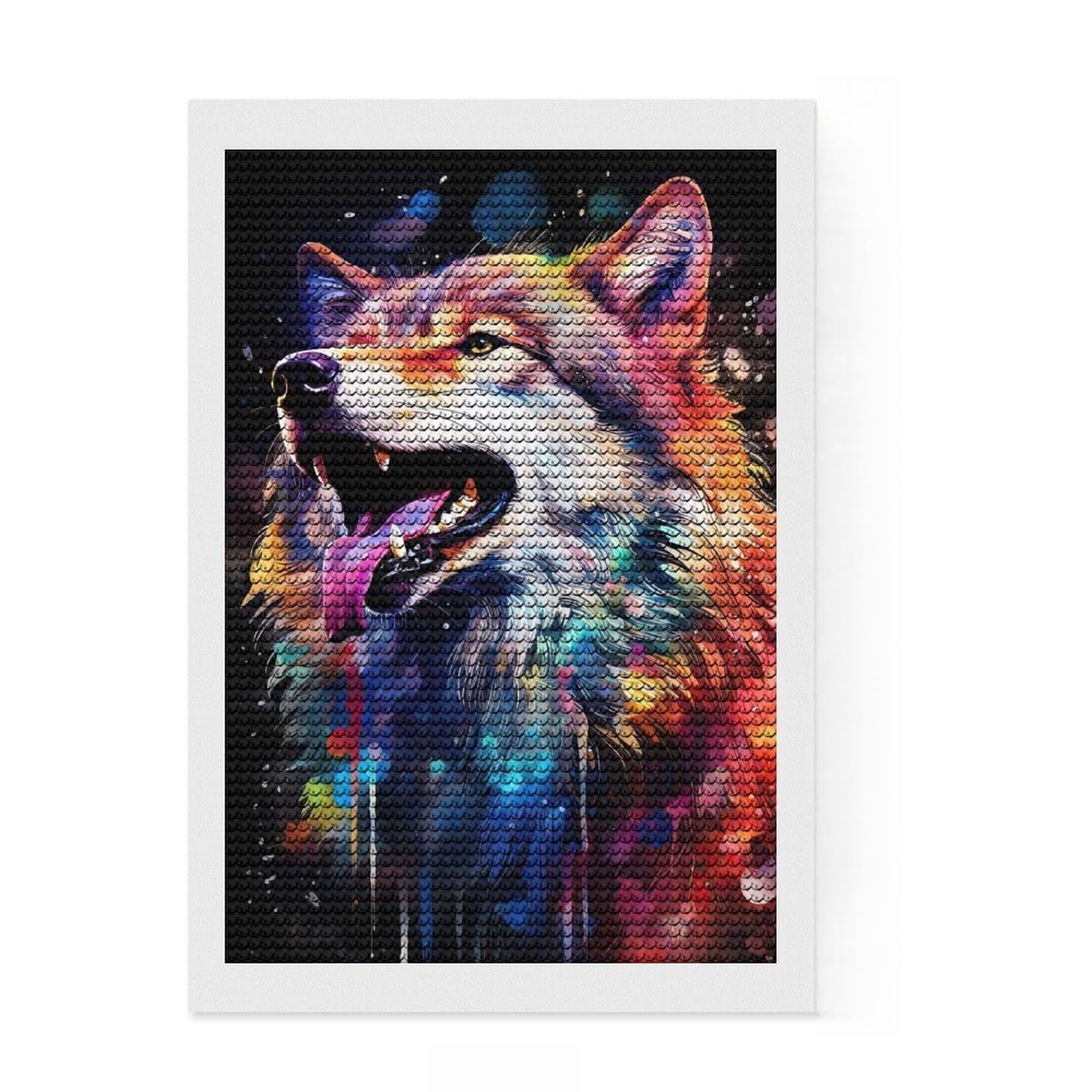 Junmoney Colorful Wolf Portrait Diamond Painting Canvas Set 8"x12", for Women, Good for Quiet Evenings, Home Wall Decor, Birthday Gift