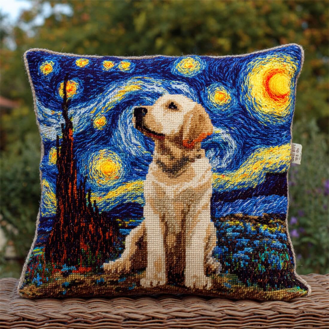 Kitquiver Animal Latch Hook Cushion Craft Kits Labrador Retrievers and The Starry Sky DIY Latch Hook Kits Pillow Needlepoint Cushion Kit for Home Décor Needlework Set for Adult Beginners 17x17In