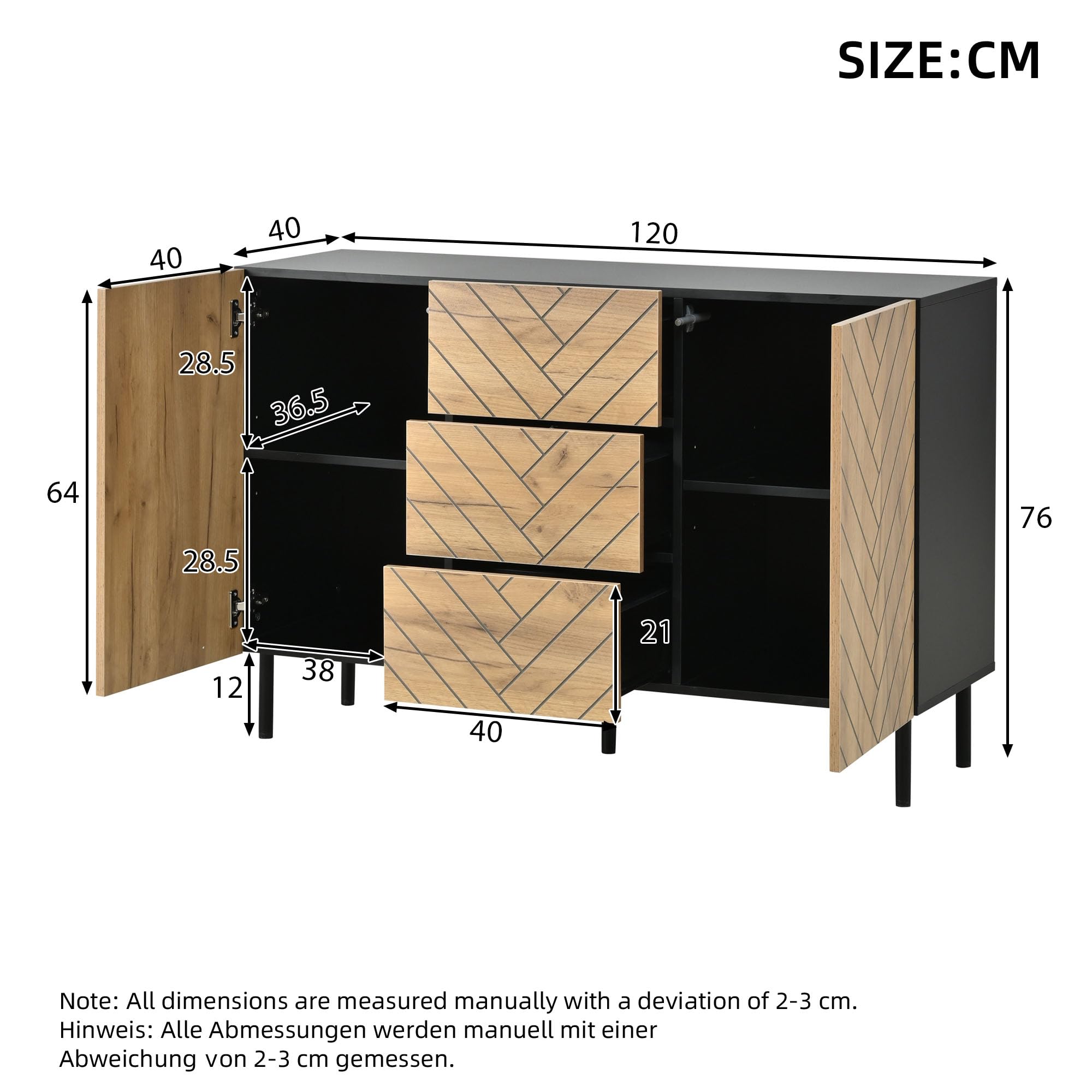 REXO Credenza 120 × 40 × 76 cm, truciolato, moderno, con 3 cassetti e 2 armadi, per soggiorno, armadietti, legno naturale