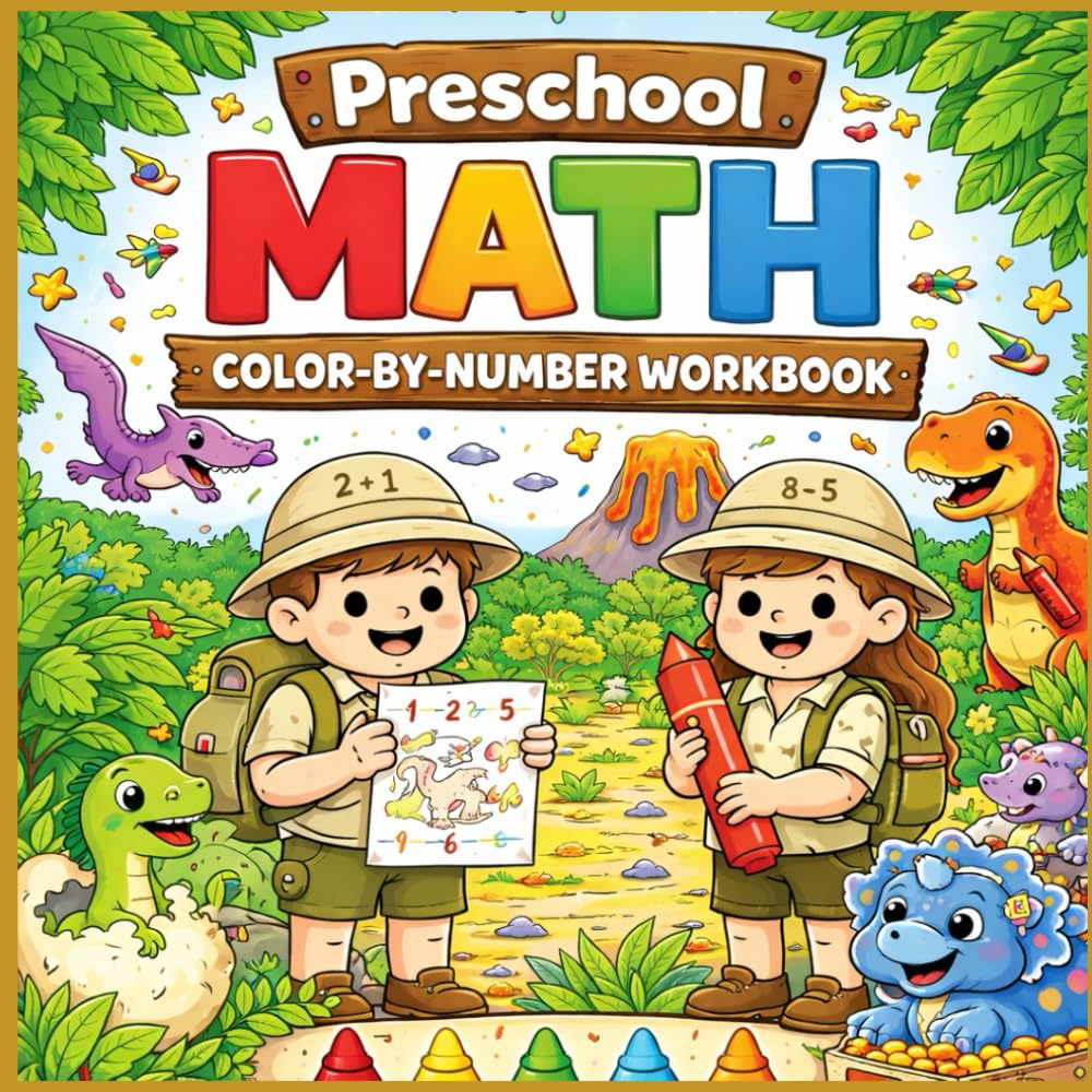 Preschool Math Color-By-Number Workbook: Dinosaur-Themed Addition & Subtraction Activities for Kids ages 3-5