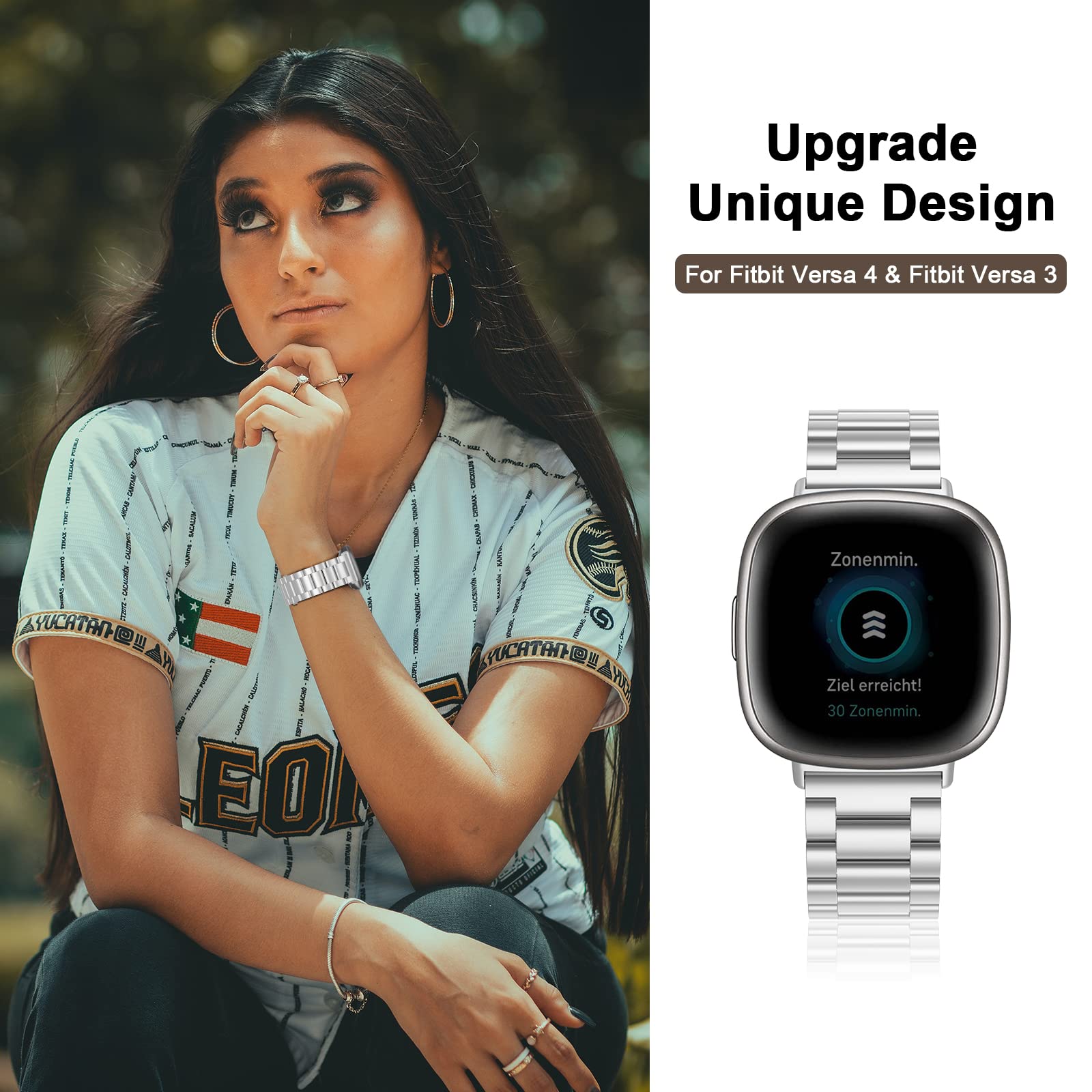 Bracelet Métal Pour Fitbit Versa 4/3, Sense 2/1 - Bracelet Acier Maille Réglable à Libération Rapide - Rose, Homme/Femme