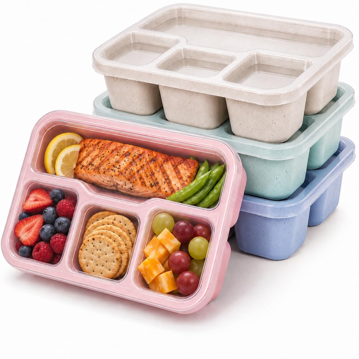 AURALIN 4 Pack Large 4-Compartment Snack Boxes with Clear Lids 800 ml