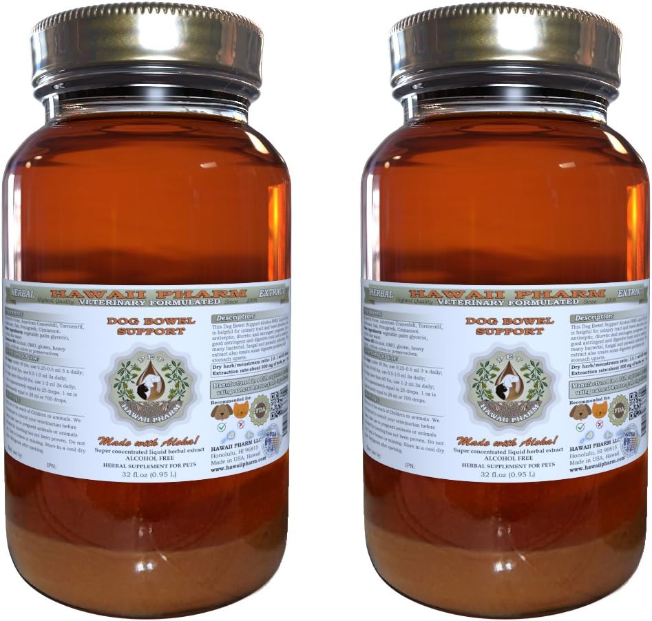 HawaiiPharm Dog Bowel Support, Veterinary Natural Alcohol-Free Liquid Extract, Pet Herbal Supplement 2x4 oz