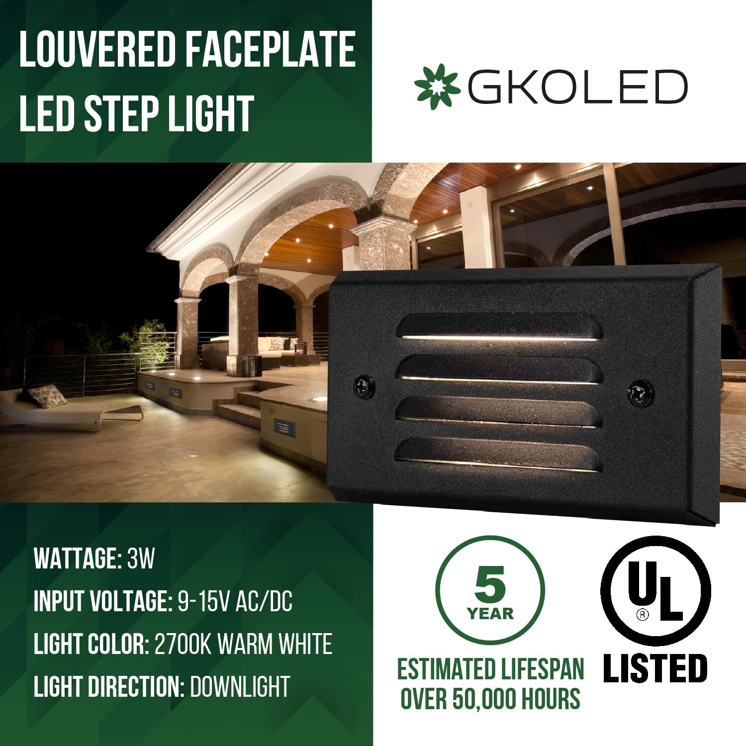 GKOLED 12V 3W Surface Mount Low Voltage LED Step Light with Horizontal Louvered Faceplate for Steps Decks Pathway Yard Stairs Fences, IP65 Rated for Outdoor Waterproof, for Wet Locations, 2 Packs