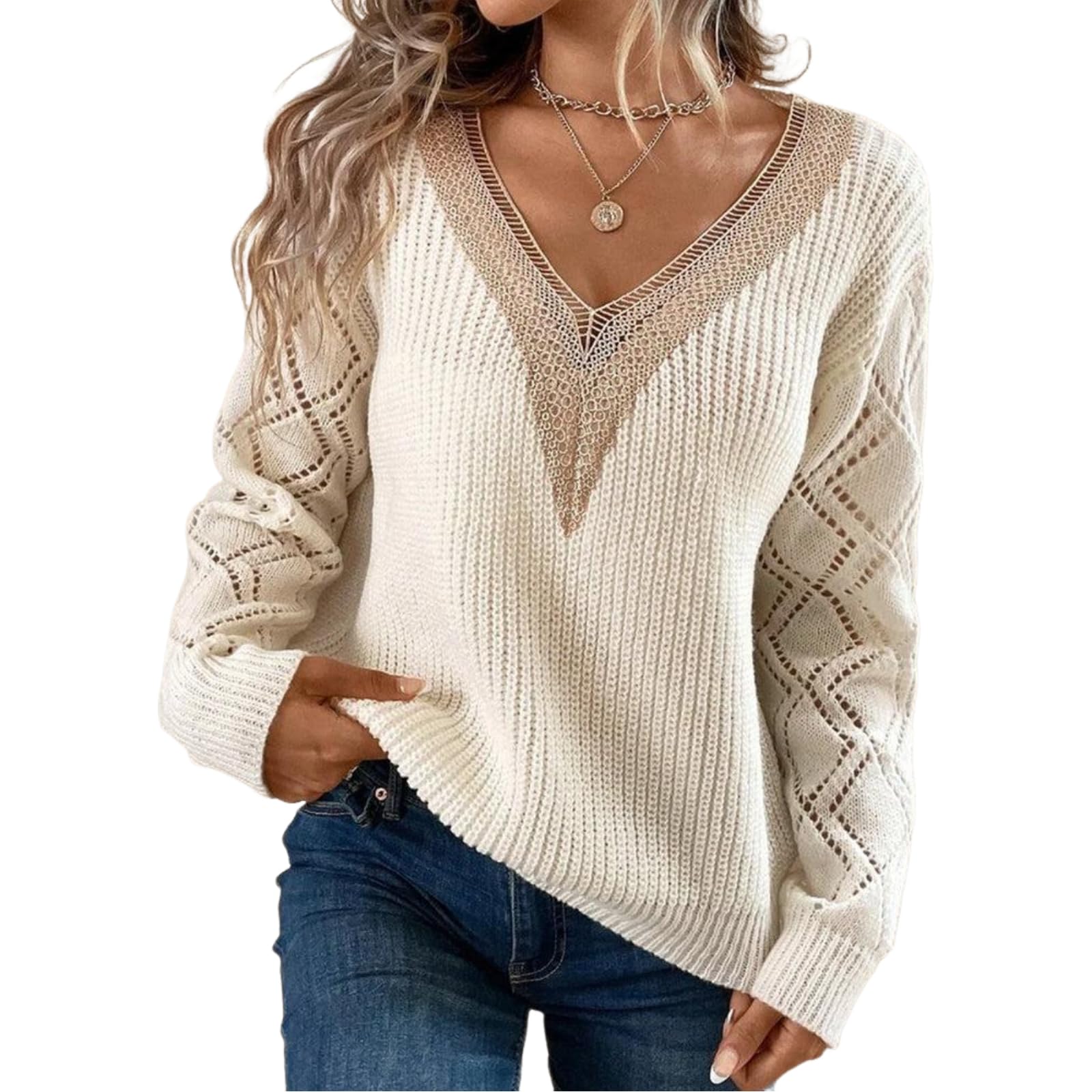 Womens White V Neck Sweater 2025 Fall Winter Long Sleeve Hollow Out Tunic Pullover Tops Casual Knitwear Fashion