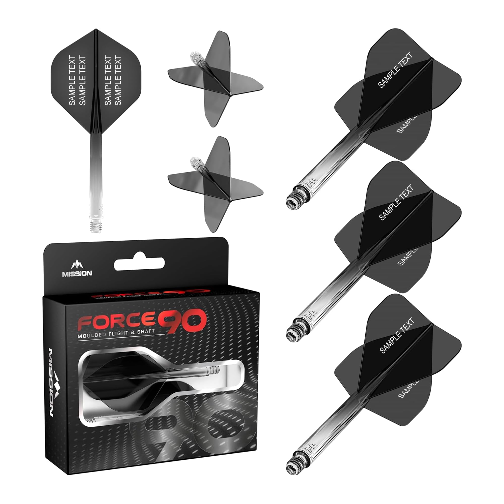 Mission Darts Force 90 | Personalised Integrated Precision Moulded Dart Flight And Shaft System, Highly Durable Combined Dart Flights And Stems | Standard No.2. (Transparent Black, Medium)