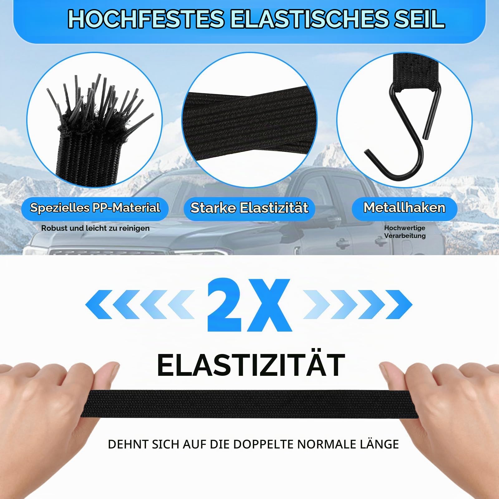 Gepäcknetz für Pickup & LKW, 208x127cm Verstellbar Anhängernetz, Ladungssicherungsnetz, Reißfest Heckklappe Frachtnetz, mit 4 Festgurten und 2 Gummiband, Nylonmaterial Netzdesign, für Kofferraum, SUVs