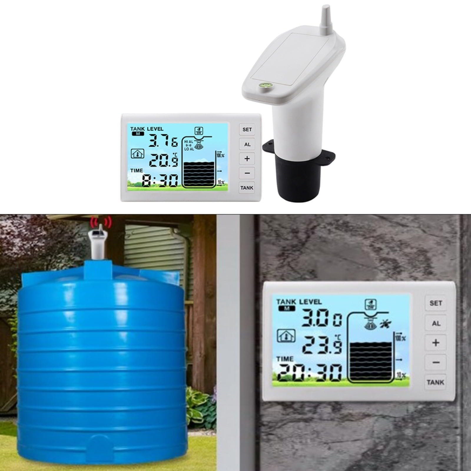 Kabelloser Wasserstandsanzeiger 1-5 m Reichweite, 4,3 Zoll Display Tank Monitor mit Alarm bei niedrigem Niveau, IP65 wetterfester Sensor für und Heimgebrauch, Weiß