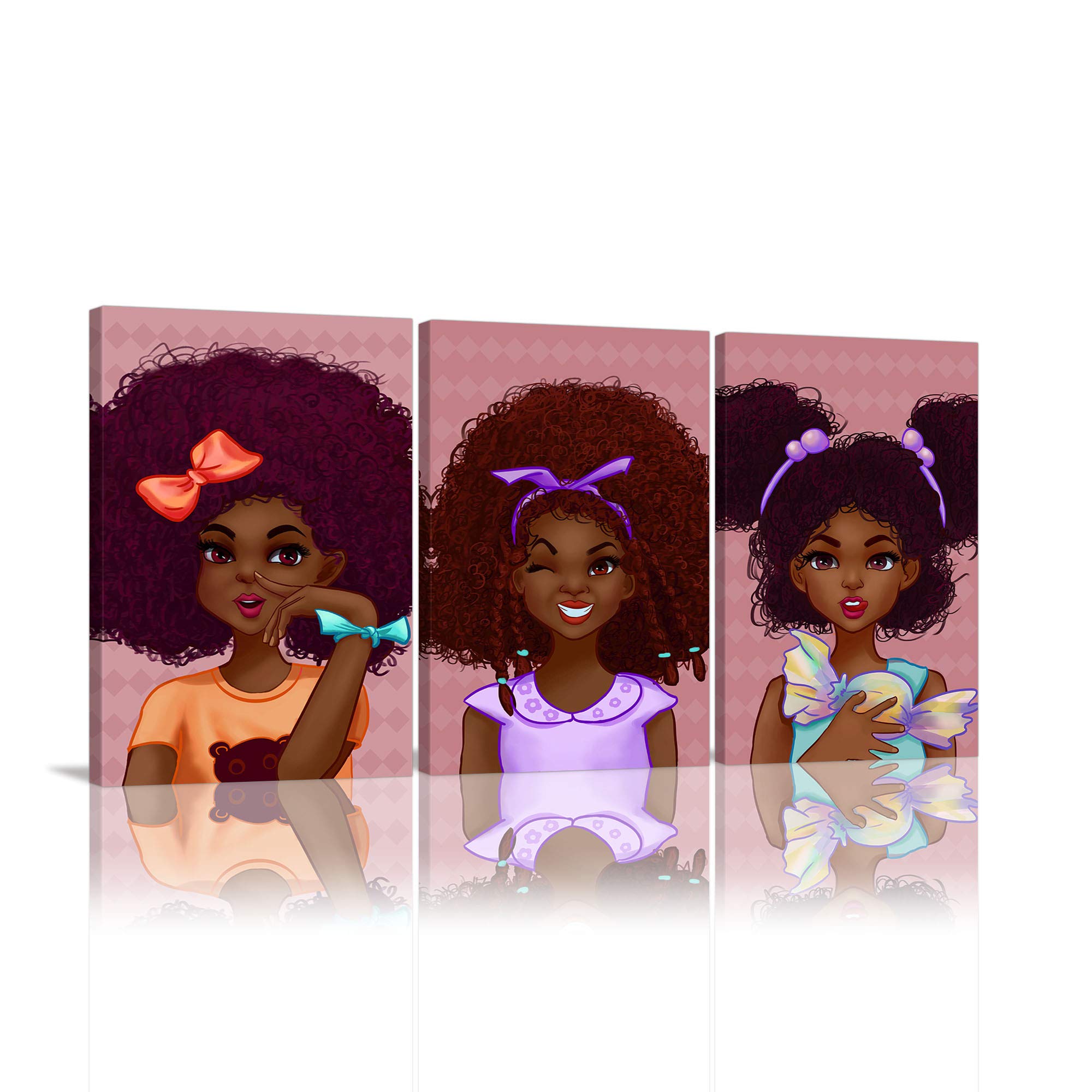 AMEMNY3 Panels Cute African Girl Wall Art Pink Background African American Paintings Canvas Prints Abstract Graffiti Style Black Girl's Room Decor for Living Room Bedroom Framed Ready to Hang