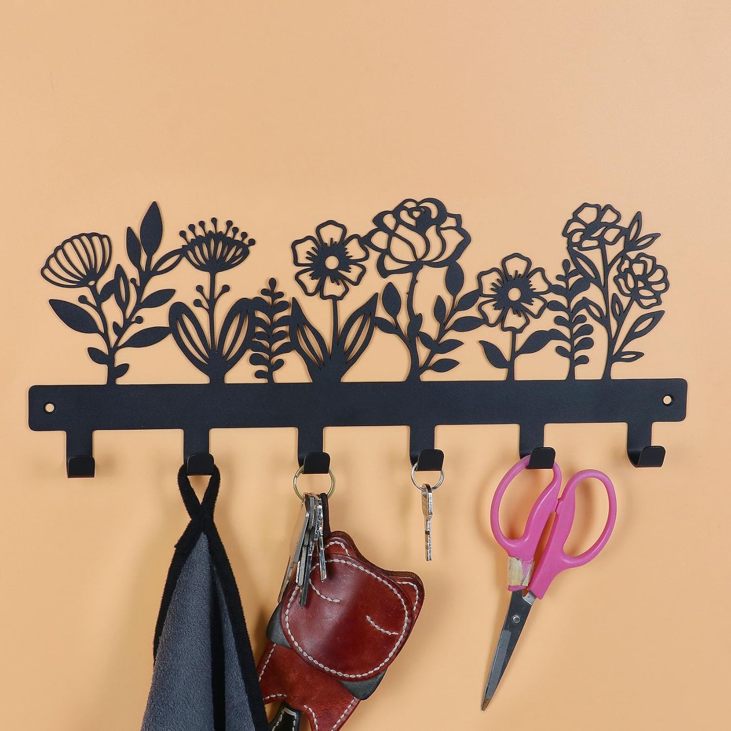 16 Inches Towel Rack Wall Mounted with 6 Hooks, Black Metal Key Hanger Keychain Holder for Entryway Front Door Hallway Mudroom, Waterproof Rustproof Kitchen Bathroom Organizer Home Decor - Image 5