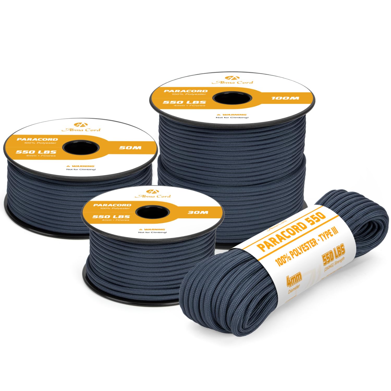 Abma Cord 550 Paracord 4mm 30m Rope 7 Strands Type III Parachute Cord for Crafting, Camping, Survival, Outdoor - Max. 250kg - Navy Blue