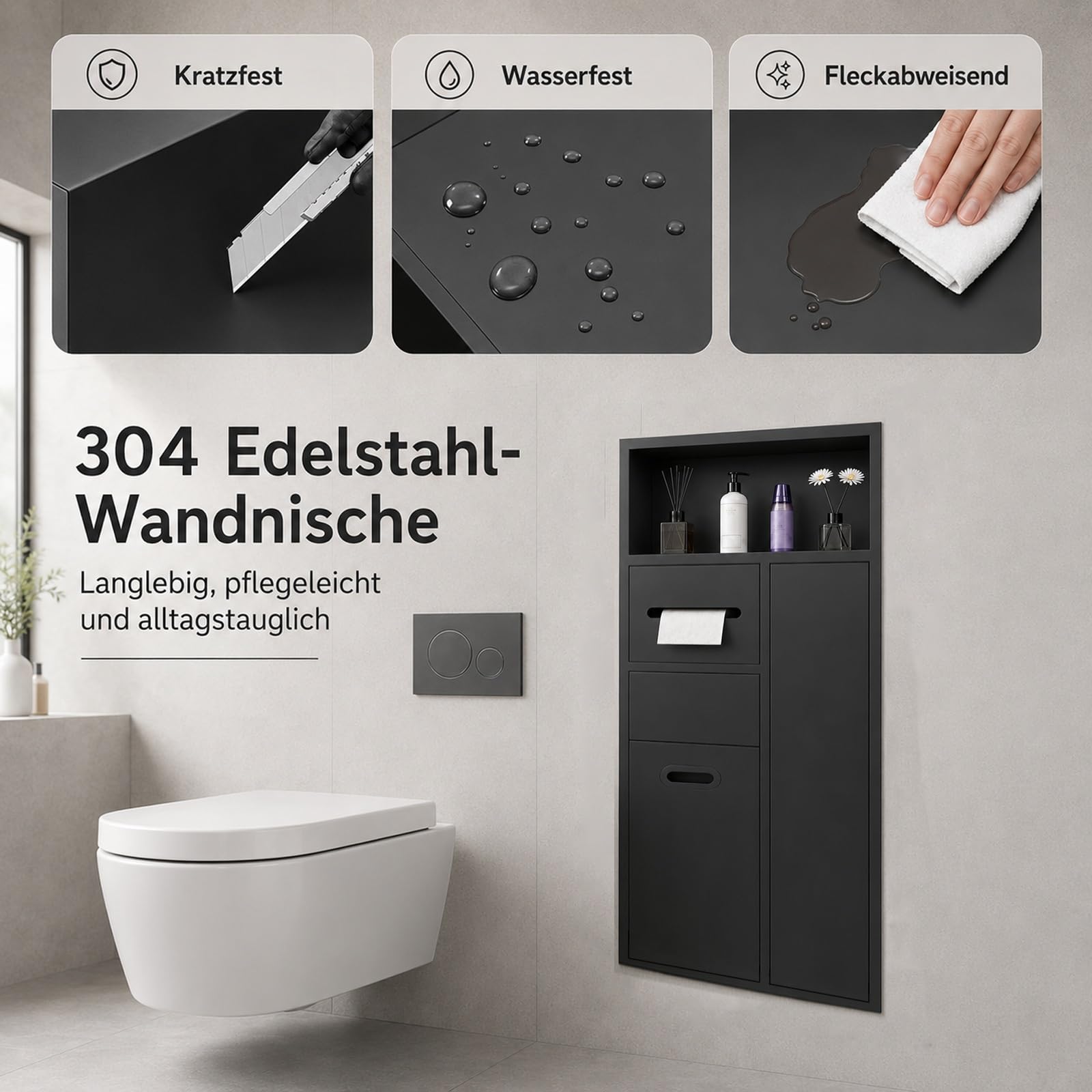 Unterputz Toilettenpapierhalter, Unterputz WC Modul, Wandnische Bad | 305 Edelstahl, Einbau-Mülleimer, Toilettenpapierhalter, WC-Bürstenhalter
