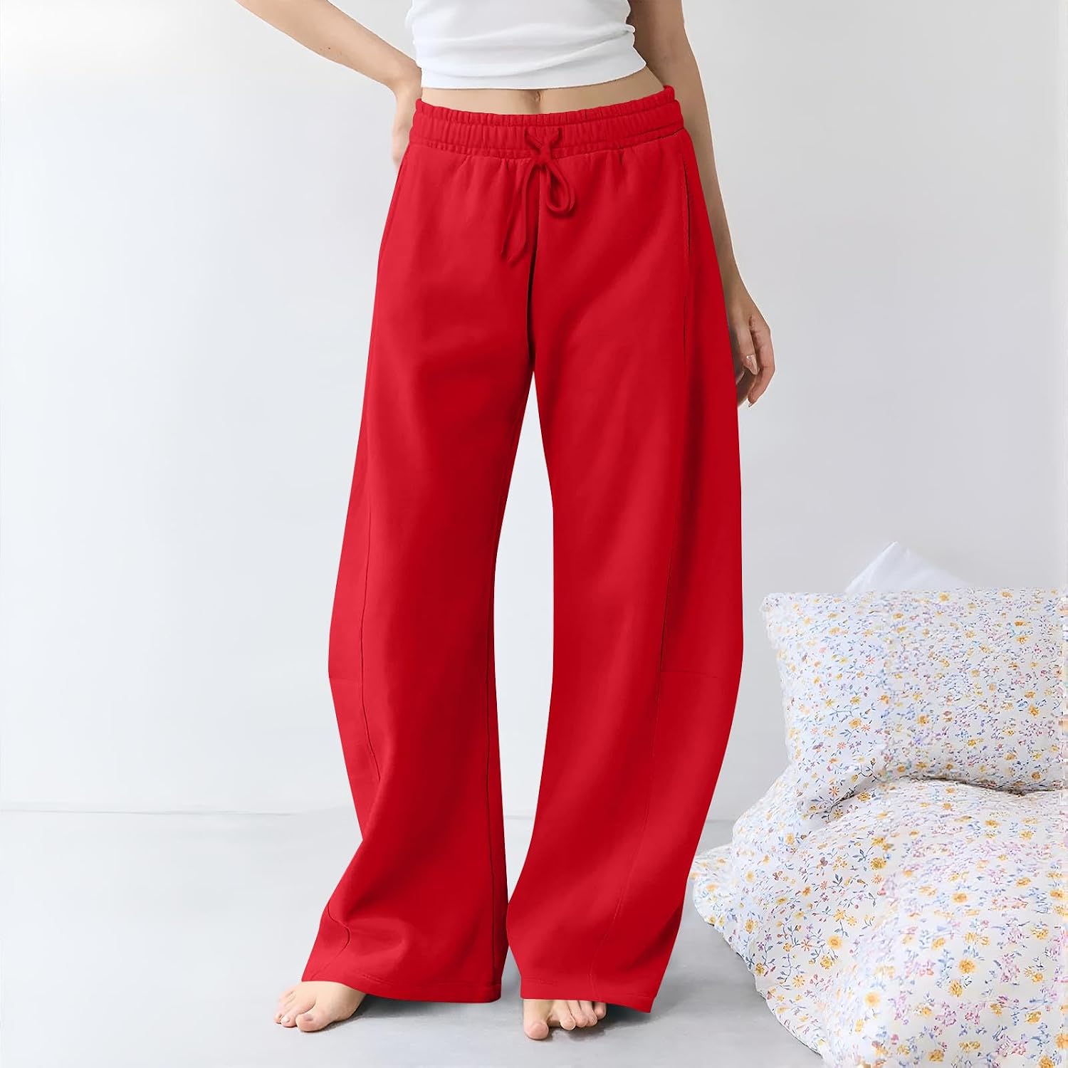 Women Double Elastic Waist Wide Leg Sweatpants Lounge Trousers | Drawstring Flowy Draped Knit Fabric Track Pants with Pockets Delivers Slim Leg Look, Casual Deep Side Pockets for Daily