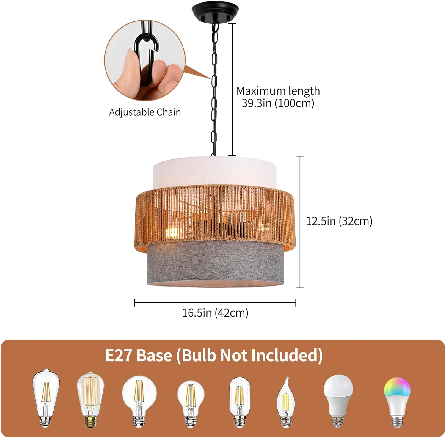 16.5"Rattan Chandelier for Dining Room, 3-Light Boho Pendant Light with 3-Tier Woven Design & 39-Inch Adjustable Chain, Coastal Lighting Fixture for Kitchen Island, Bedroom, Entryway(No bulb included)
