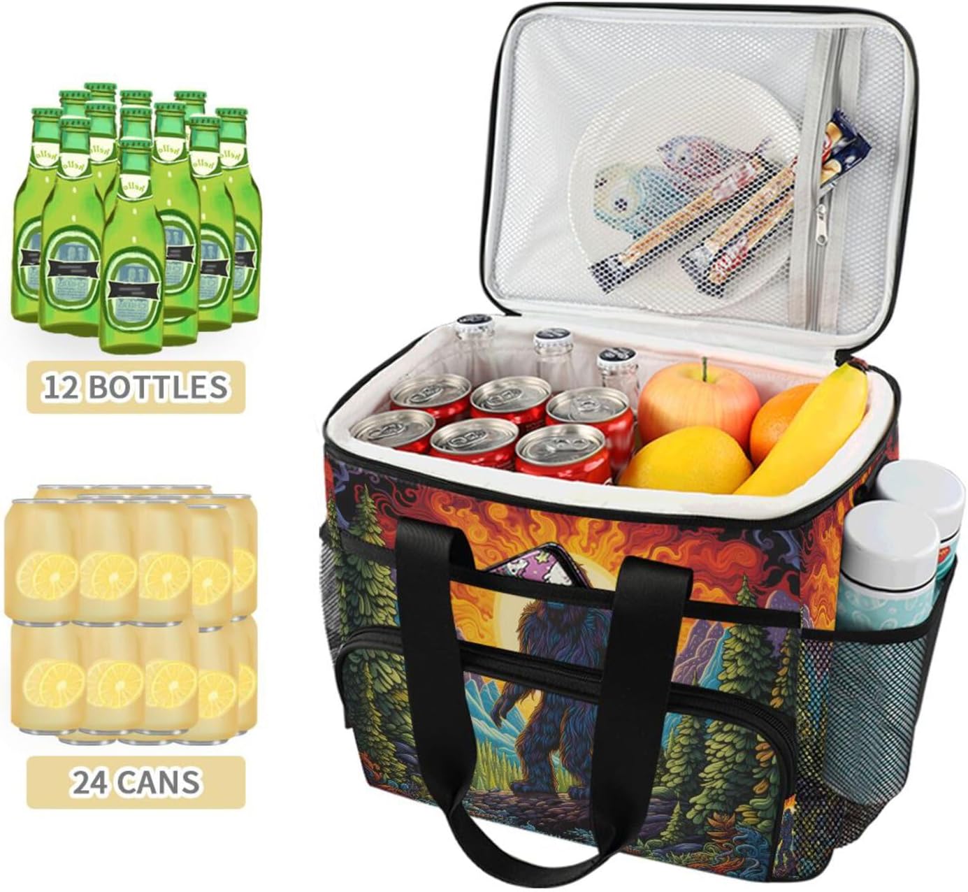 Sasquatch Colorful Forest Insulated Cooler Bag 24 Cans Large Capacity Lunch Box Leak Proof with Shoulder Strap for Picnic Camping