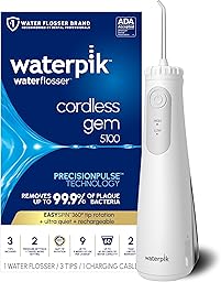 Waterpik Cordless Gem Water Flosser 5100 for Travel and Home, Rechargeable, Portable, Waterproof for Shower, Daily Gum Care, Cleaning Teeth, Braces, Implants, 3 Flossing Tips, ADA Accepted White WF-27