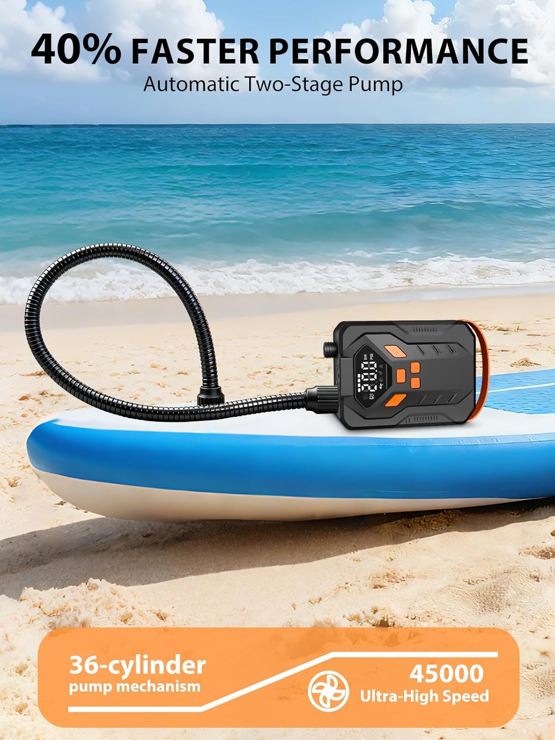AIRSURE Electric Paddle Board Pump, 20PSI Portable Rechargeable SUP Air Pump, Dual Stage Inflation & Deflation, Auto-Off Air Compressor for Stand Up Paddle Boards, Surfing Kite, Tent, Boat, Kayaks