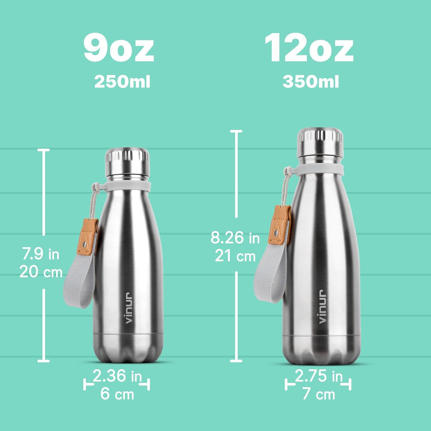 VINUR 9 oz Small Insulated Water Bottle for Kids Lunchbox -18/8 Stainless Steel Vacuum Leak-Proof Flask with Carry Rope for Sports Travel, Cola Shape, Silver - Image 7