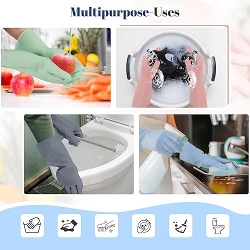 Miniatura 6 de Guantes de goma para lavar platos de cocina, 4 pares de guantes de limpieza reutilizables para el hogar, guantes de limpieza flexibles, duraderos y