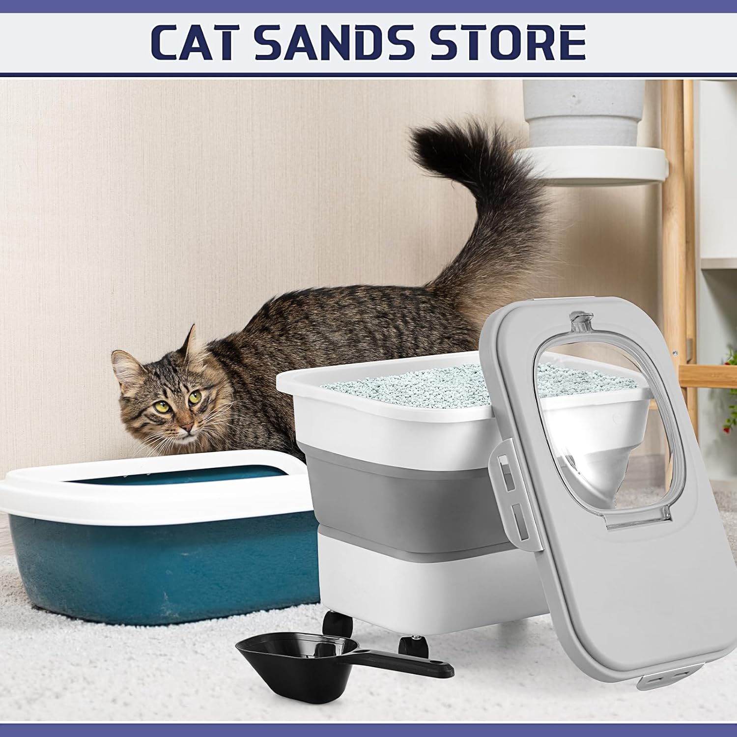 Juexica Collapsible Cat Litter Storage Bin Container with Airtight Lids, Portable Cat Litter Storage Container with Wheels, Kitchen Cereal Rice Leakproof Sealable(Grey, White)