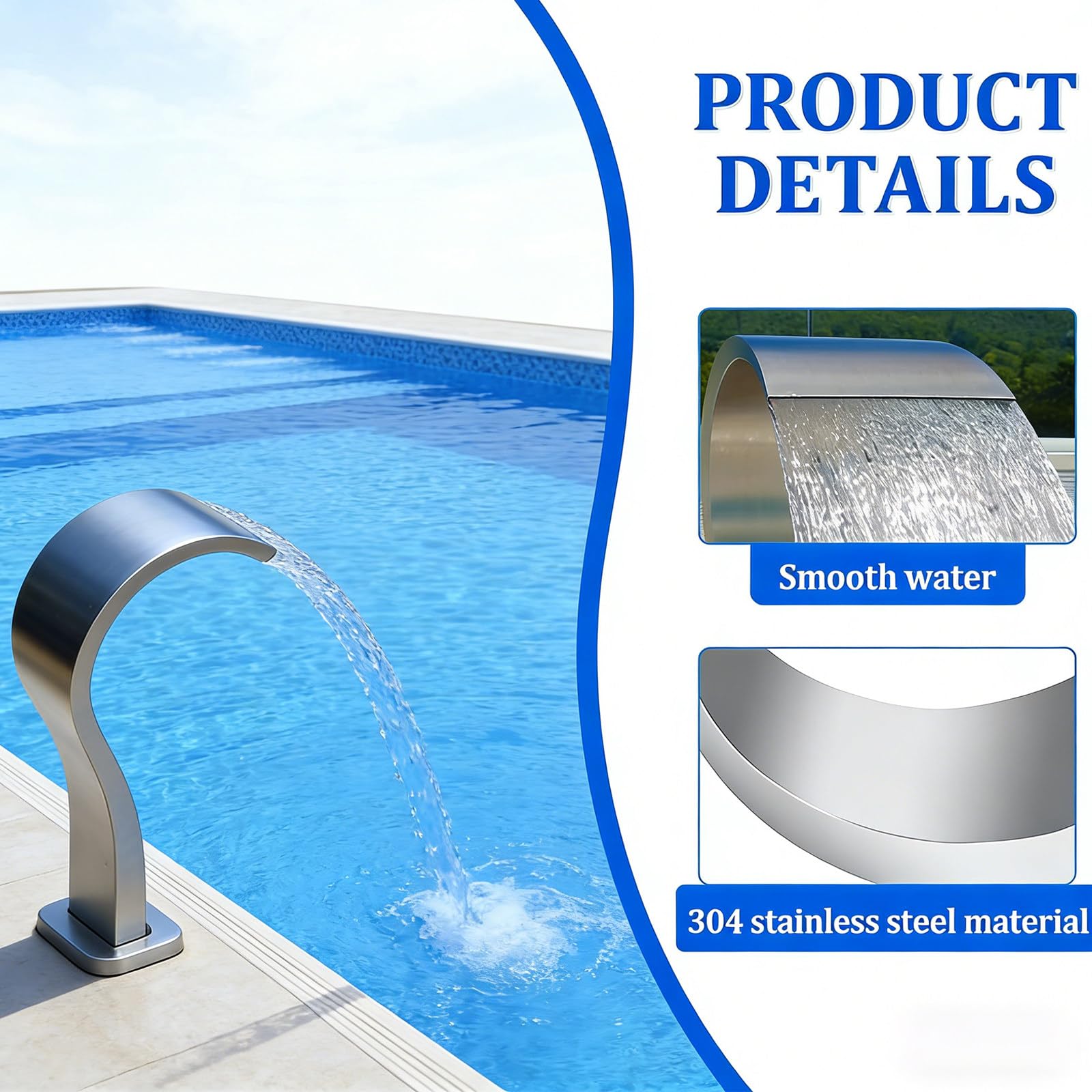 Fontana a cascata in acciaio inox con design ad arco per piscine all'aperto, stagni, sorgenti termali, piscine termali, 30 x 60 cm