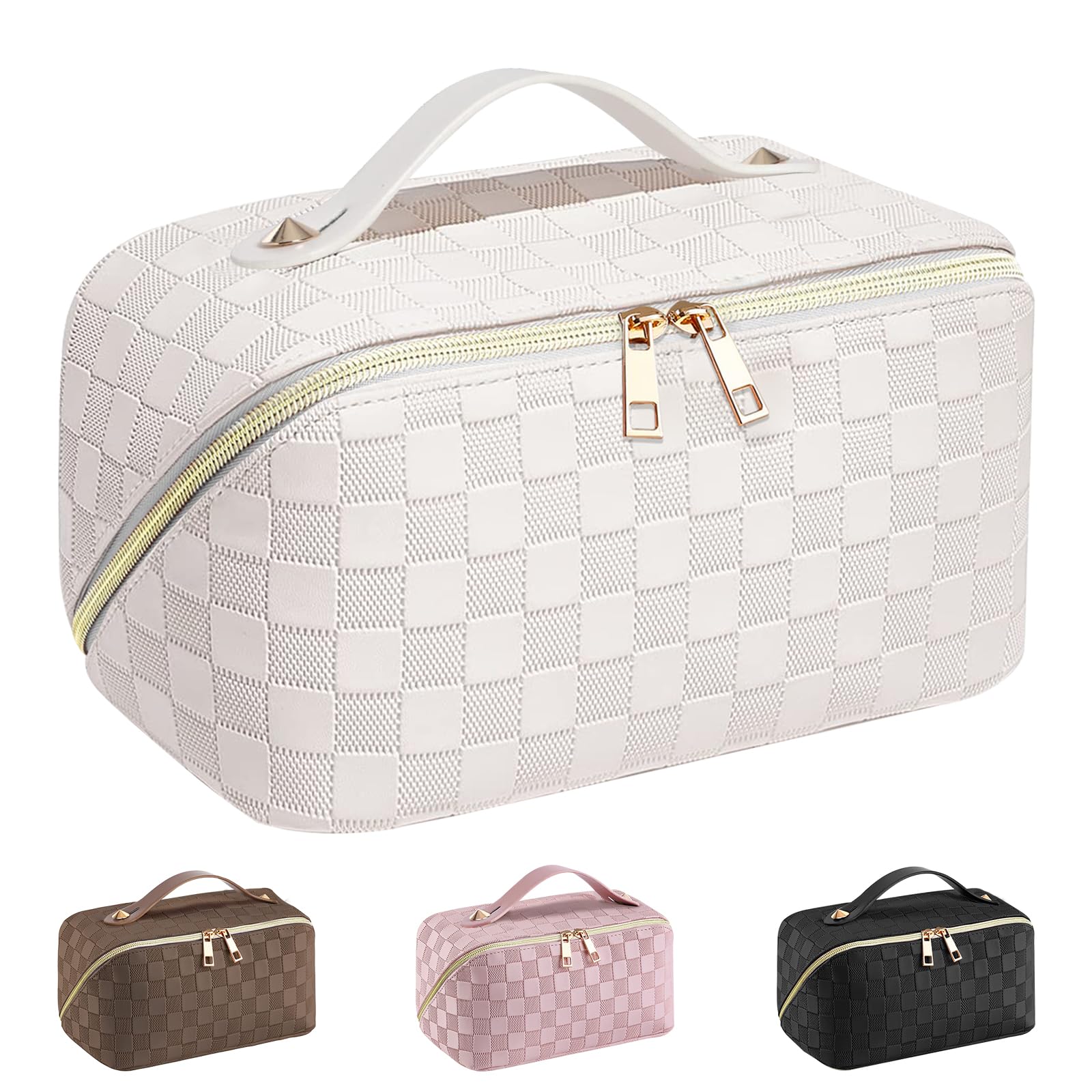 Beauty Case Donna,Trousse Trucchi Donna Borsa Cosmetica da Viaggio in Aggiornata Pelle PU,Borsa Porta Trucchi da Toilette Makeup Bag Organizer(Scacchi-Bianco)