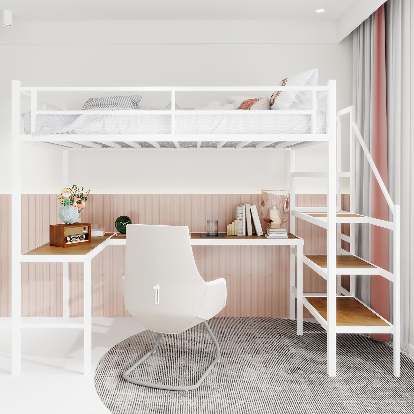 Cama alta de metal 90 x 190 cm, con escritorio, escalera con amplio espacio de almacenamiento y compartimentos, barandilla de seguridad, color blanco (sin colchón)