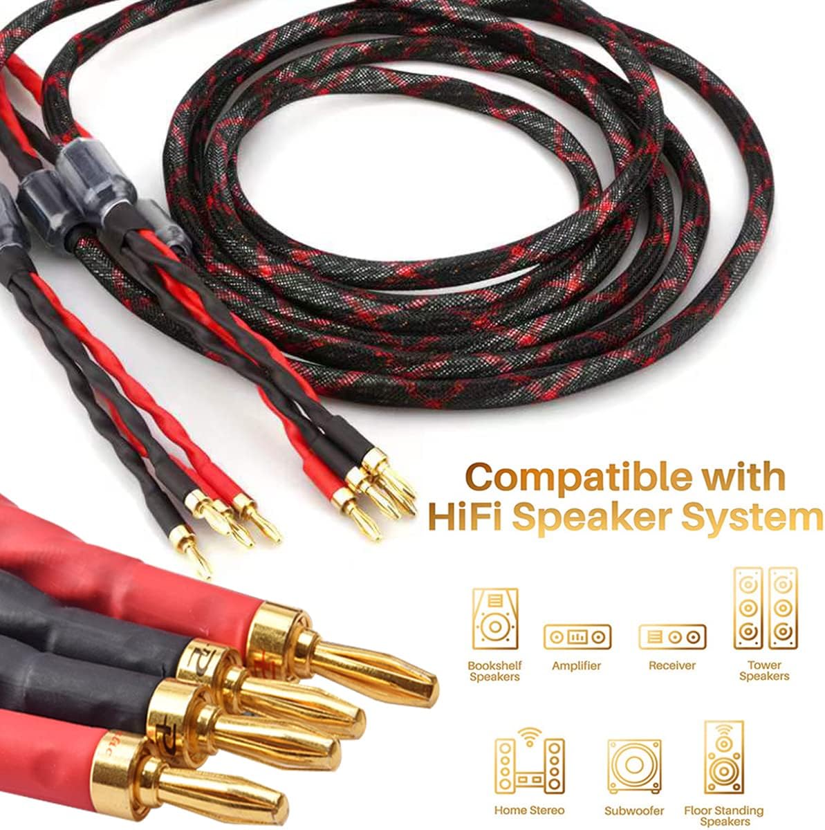 Amazing 🔥 Tertullus 1 Pair OFC HiFi Bi-Wire Speaker Cable 12 Banana Plugs Nylon Braid Audio Speaker Cable 2.5M