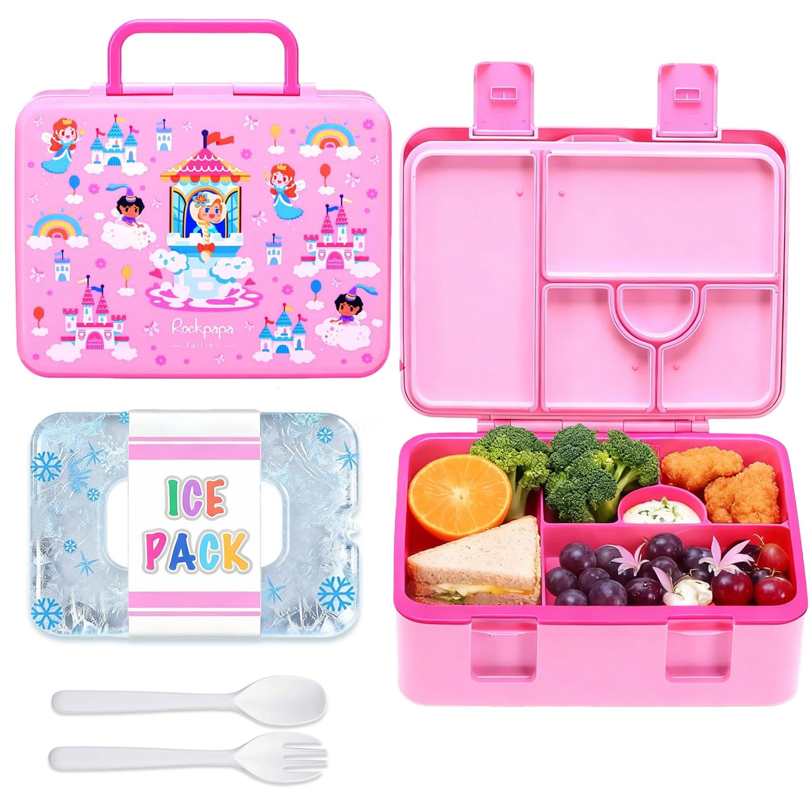 rockpapa 5 Compartment Bento Lunch Box with Ice Pack for Kids, Leak Proof, Dishwasher Safe, BPA Free Materials, 47oz Snack Bento Box with Utensils & Handle for Boys Girls Ages 3+ (Pink Fairies)