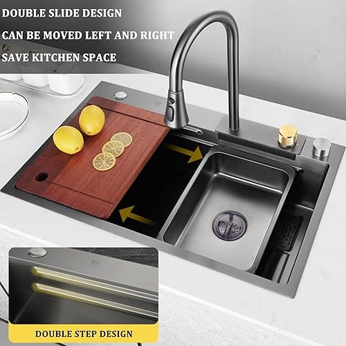 Miniatura 3 de Fregadero de cocina nano negro de acero inoxidable 304, fregadero de cascada multiusos con grifo y montaje de drenaje, montaje empotrado o debajo