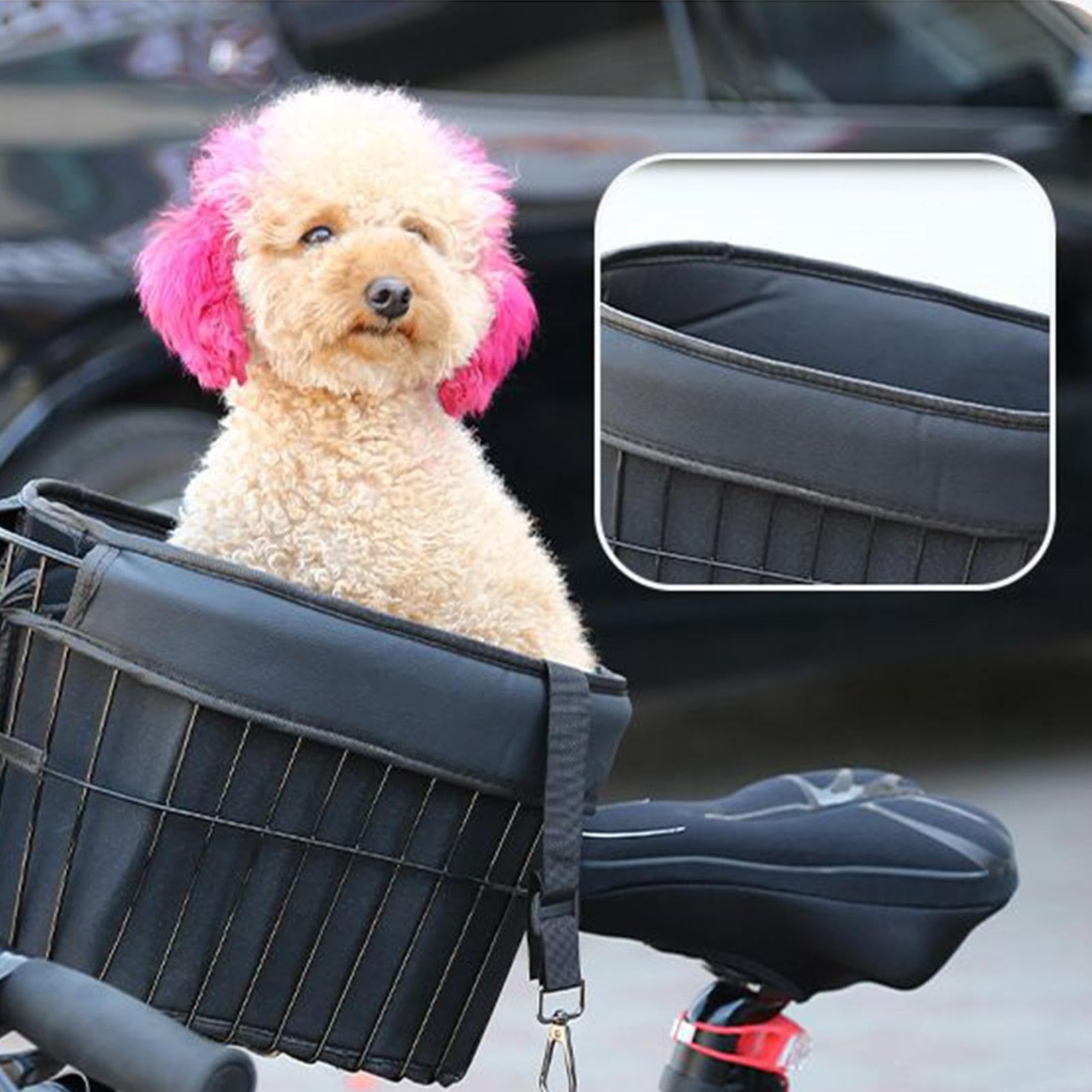 Dog Bikes Basket, Pet Front Bicycles Carrier, Soft Metal Frame with PU Liner, Lightweight Strong Comfortable Secure Puppy Carrier for Cycling, 7.5kg, Black