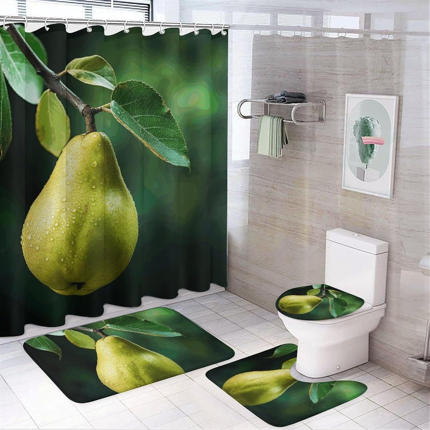 Pears on The Tree Shower Curtain Set 4 Piece, Non-Slip Bath Mat with Toilet Lid Cover and Waterproof Shower Curtain with 12 Hooks, Complete Bathroom Set for Home Decor
