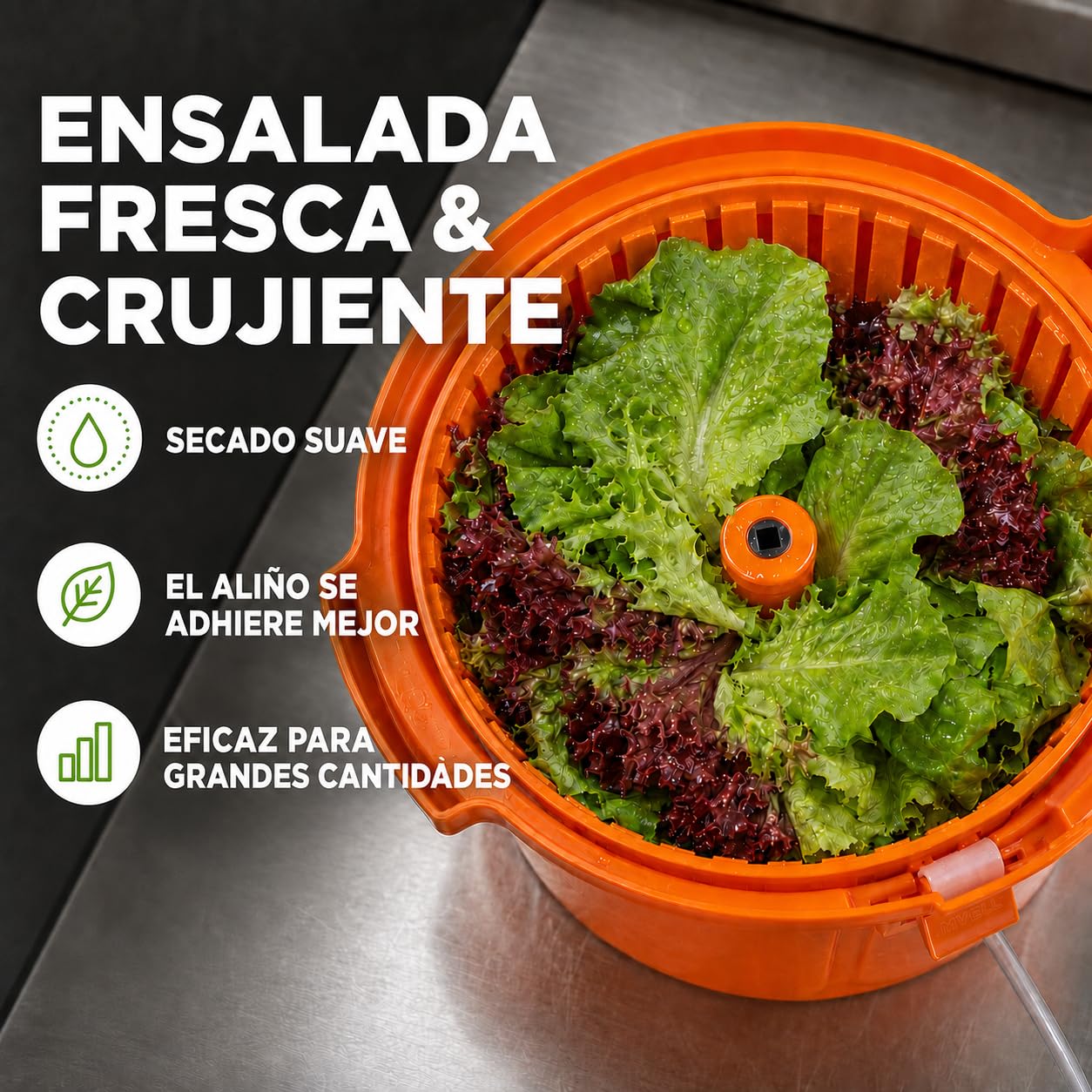 Centrífuga para Lechuga 25 litros, plástico Naranja, Ø 44 cm con Eje de transmisión Protegido, función de empaquetado y Manguera de desagüe, gastronomía, restaurantes escurridor de Ensalada