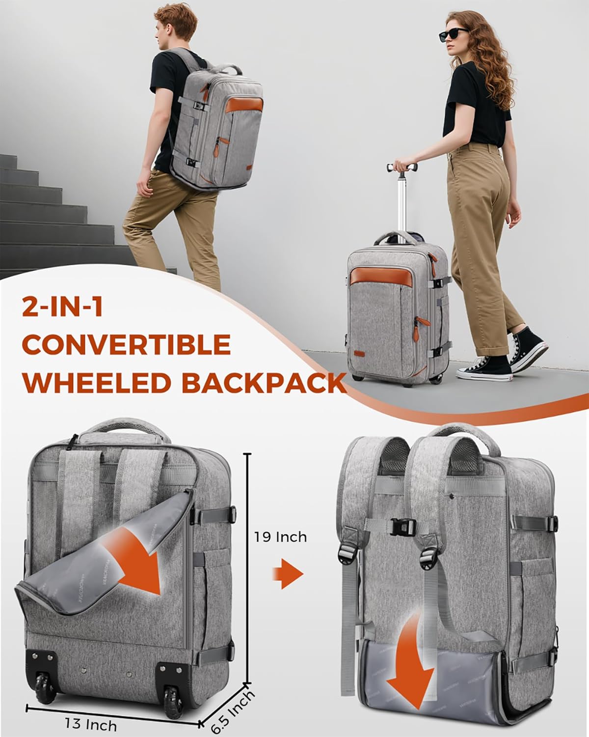 Vancropak Expandable Travel Rolling Backpack with Wheels, Airline Approved Wheeled Backpack with 3 Packing Cubes, 17 Inch Roller Carry on Luggage Suitcase Laptop Bag for Men Women, Grey