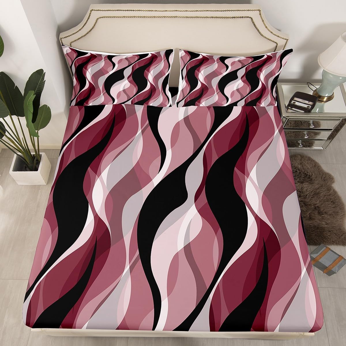 Erosebridal Burgundy Stripes Fitted Sheet Full Gradient Bed Sheets Modern Abstract Ombre Striped Bedding Set Geometric Simple Lines Sheets for Women Men Adults