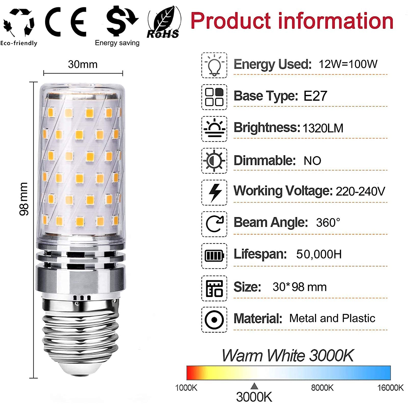 6-pak wysokoprześwitowa żarówka LED E27 12W żarówka LED kukurydziana(odpowiednik żarówek 100W)1320 lm kandelabry energooszczędne żarówki nieściemnialne(ciepła biel 110V~140V)